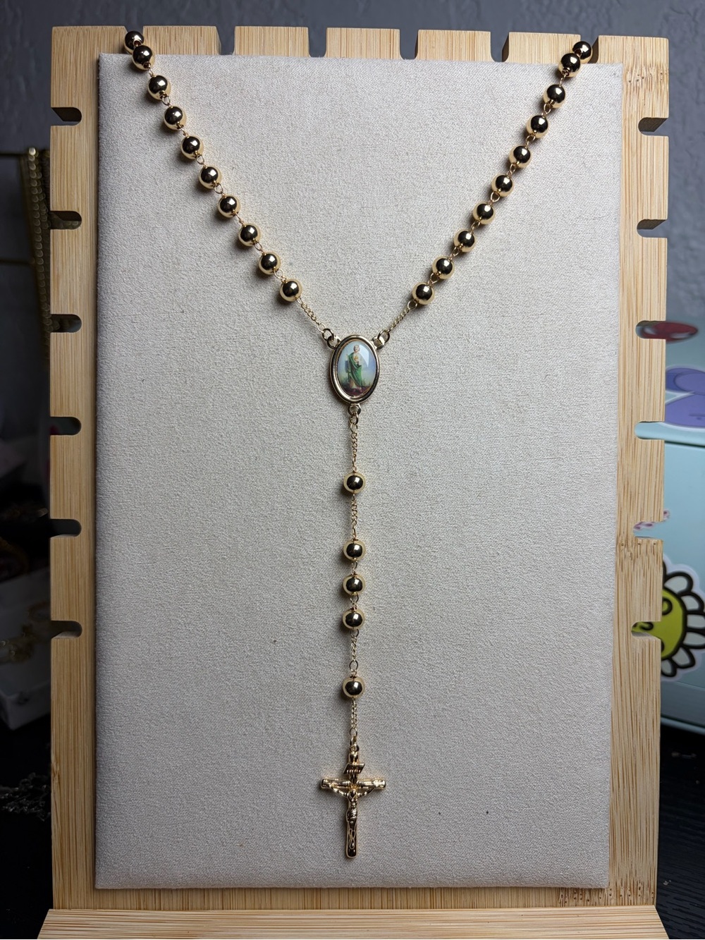 Gold-Tone Rosary Bead Necklace with Religious Pendant